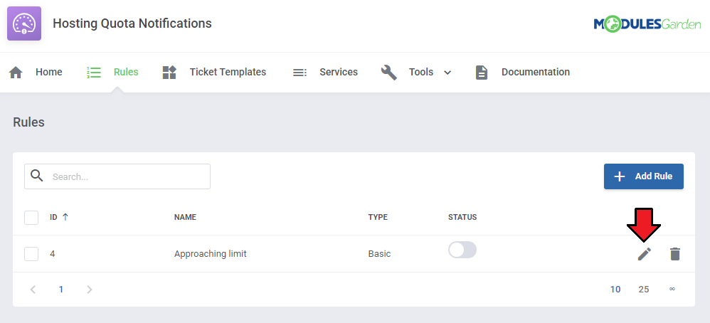 Hosting Quota Notifications For WHMCS: Rules page with the Approaching limit rule and the edit icon highlighted