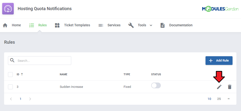 Hosting Quota Notifications For WHMCS: Rules page with the new Sudden Increase rule and the edit icon highlighted
