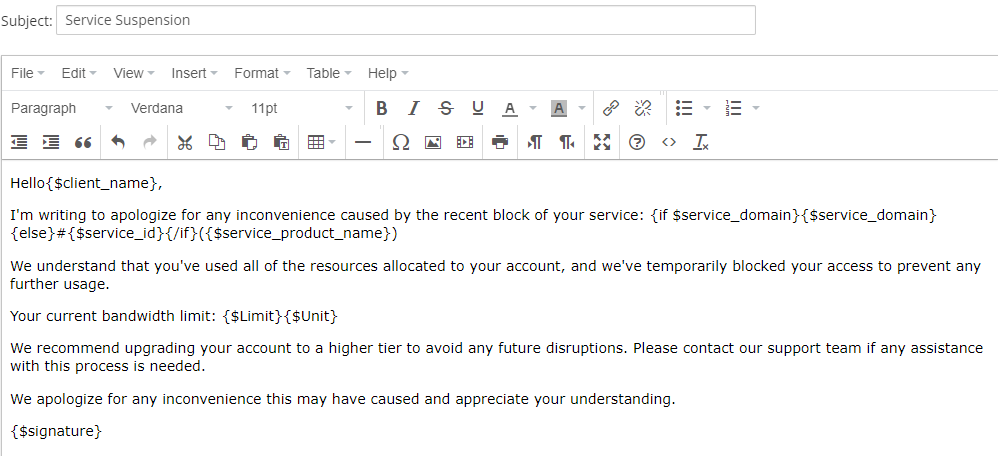 Hosting Quota Notifications For WHMCS: email template editor with a service suspension message and merge fields