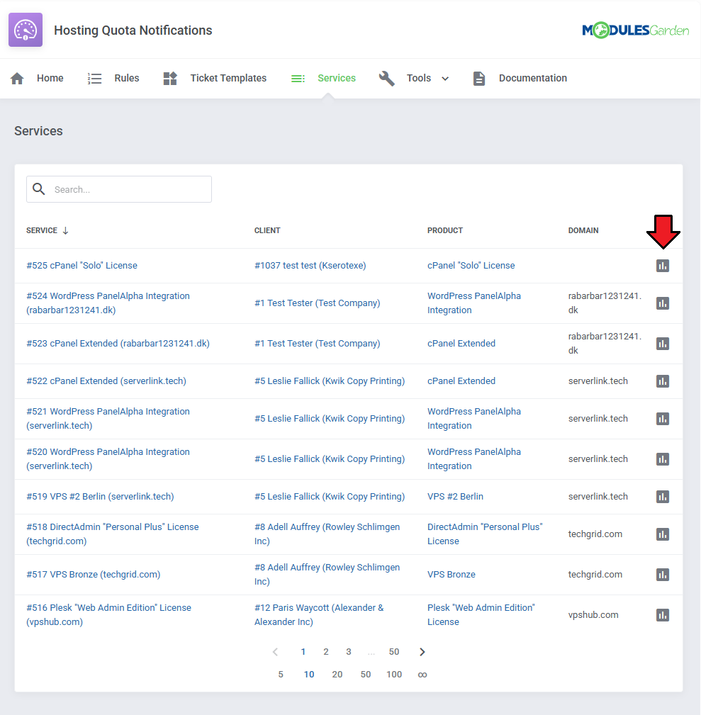Hosting Quota Notifications For WHMCS: Services page listing services with the usage details icon highlighted