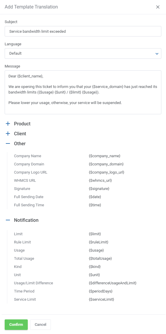 Hosting Quota Notifications For WHMCS: Add Template Translation window with Other and Notification merge fields expanded