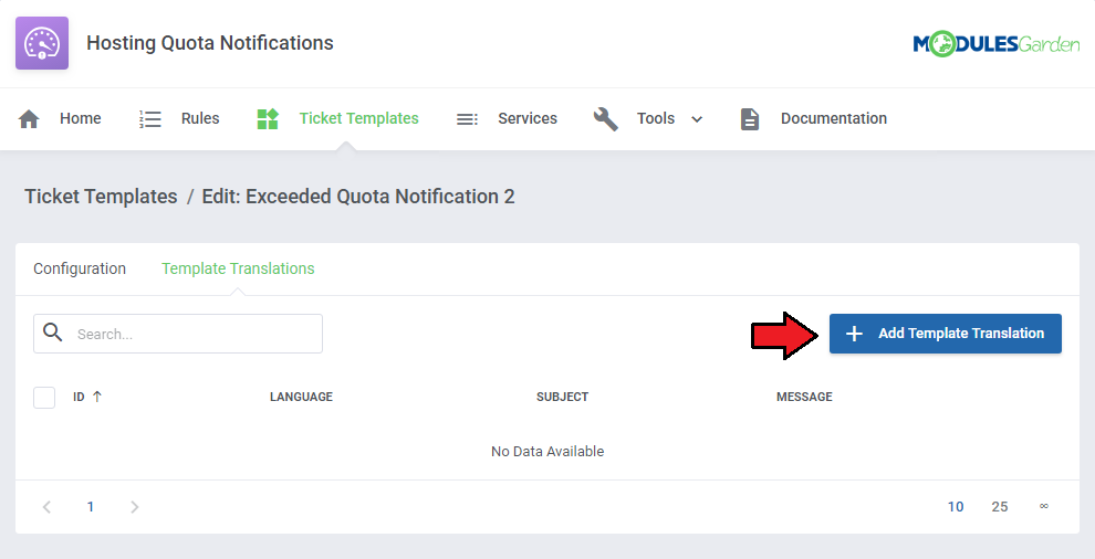 Hosting Quota Notifications For WHMCS: Template Translations tab with no data and the Add Template Translation button