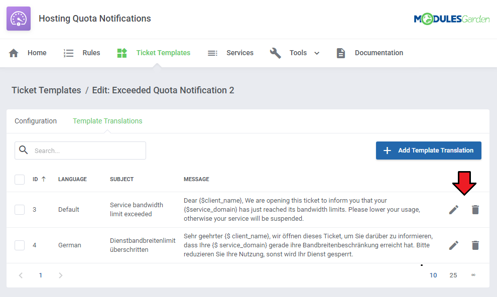 Hosting Quota Notifications For WHMCS: Template Translations list with default and German entries and edit and delete