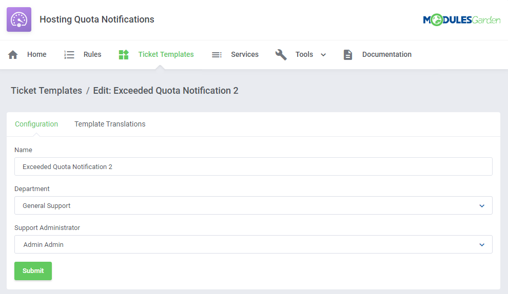 Hosting Quota Notifications For WHMCS: ticket template edit page with name, department and support administrator