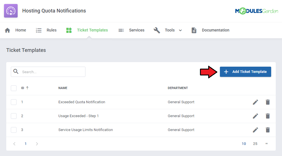 Hosting Quota Notifications For WHMCS: Ticket Templates page with the list of templates and Add Ticket Template button
