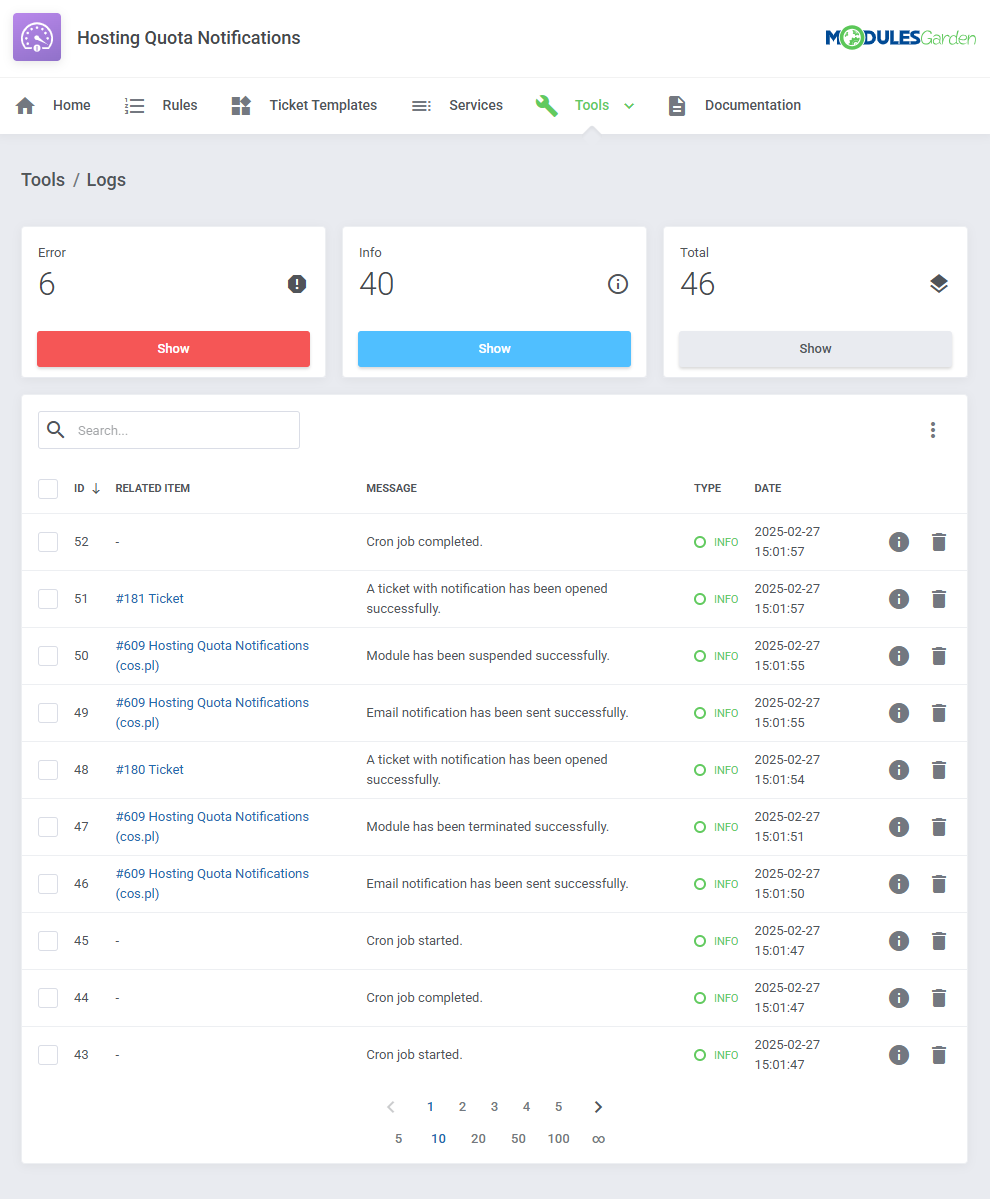 Hosting Quota Notifications For WHMCS: Tools Logs page with error, info and total counters and the log table