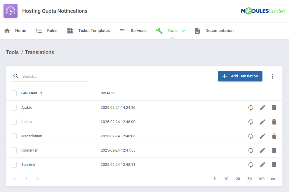 Hosting Quota Notifications For WHMCS: Tools Translations page with the language list and Add Translation button