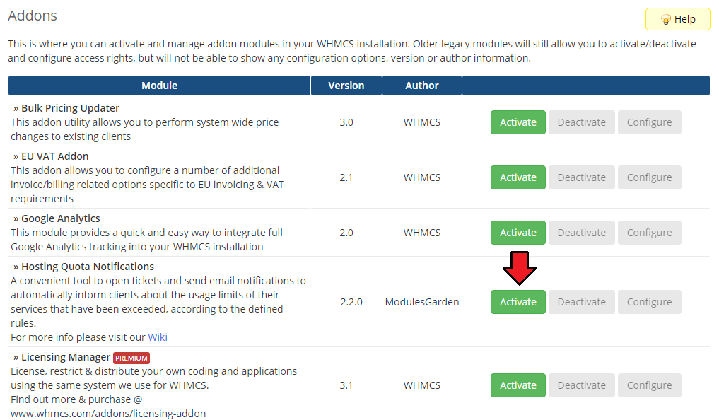 Hosting Quota Notifications For WHMCS: WHMCS Addon Modules list with the Activate button next to the module