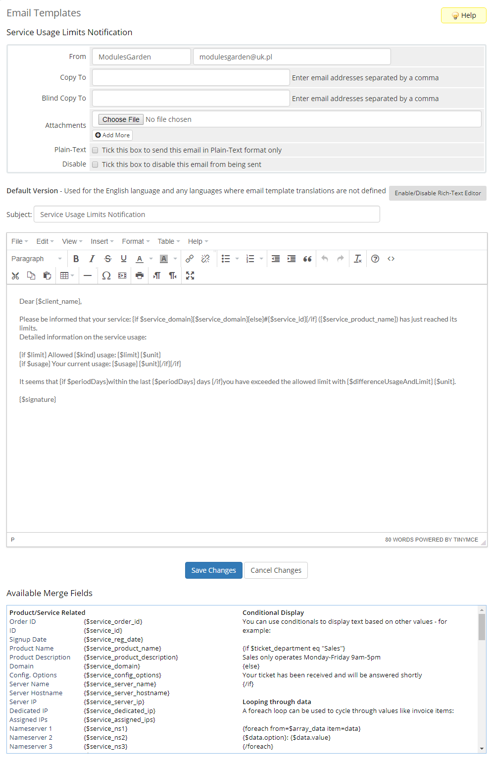 Hosting Quota Notifications For WHMCS: WHMCS Email Templates editor with the service usage limits notification