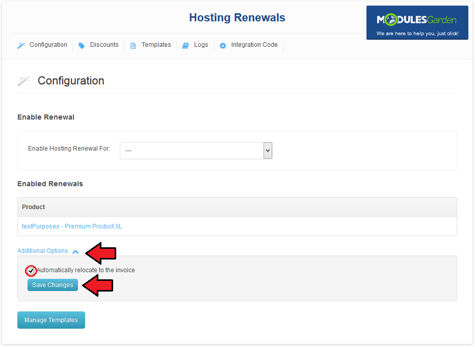 Hosting Renewals 2.X For WHMCS: Configuration tab with Additional Options and Automatically relocate to the invoice