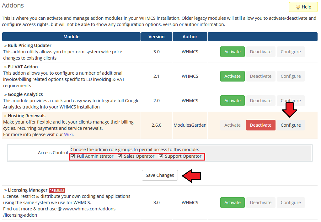 Hosting Renewals 2.X For WHMCS: WHMCS addon access control with Full Administrator ticked and Save Changes
