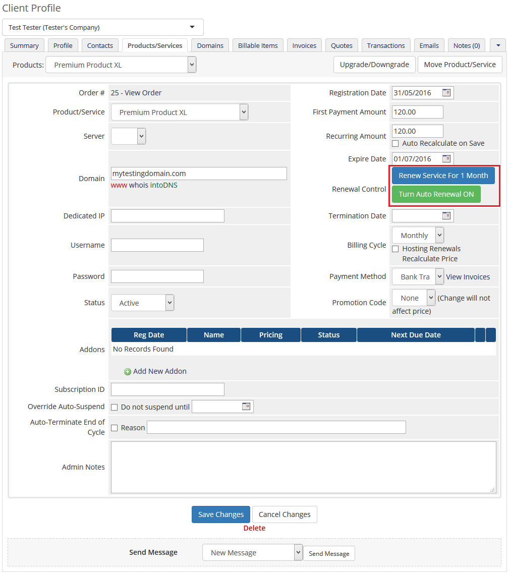 Hosting Renewals 2.X For WHMCS: WHMCS admin Products/Services tab with Renew Service and Turn Auto Renewal ON