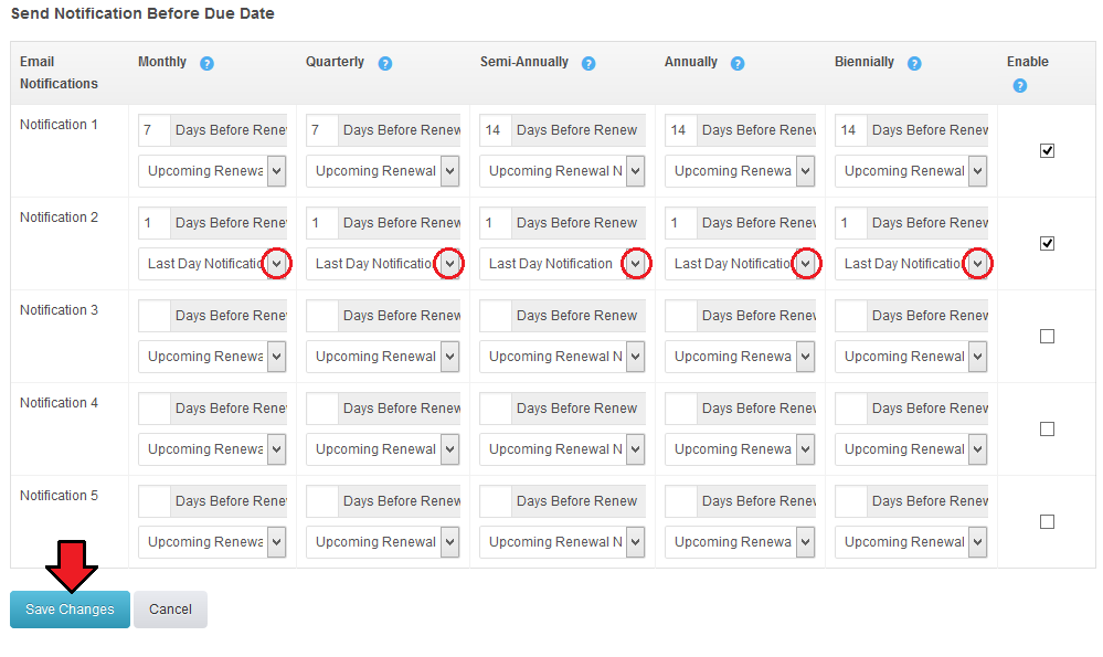 Hosting Renewals 2.X For WHMCS: notification table with Last Day Notification template assigned to notification 2