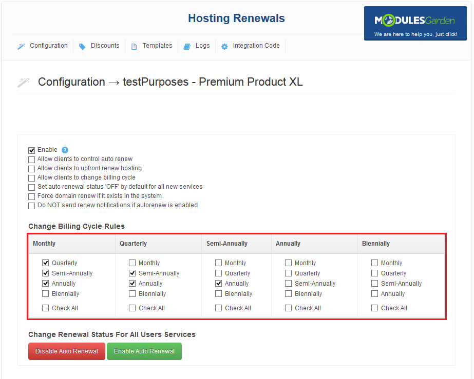 Hosting Renewals 2.X For WHMCS: product configuration with the Change Billing Cycle Rules table highlighted