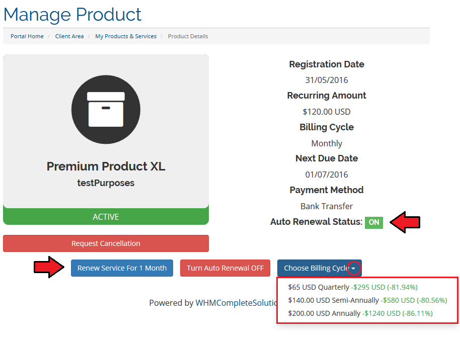 Hosting Renewals 2.X For WHMCS: client area Manage Product page with auto renewal ON and billing cycle dropdown open