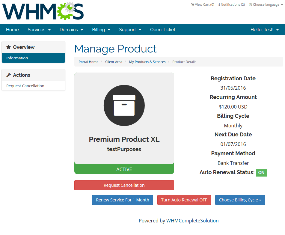 Hosting Renewals 2.X For WHMCS: client area Manage Product page with Renew, Turn Auto Renewal OFF and billing cycle