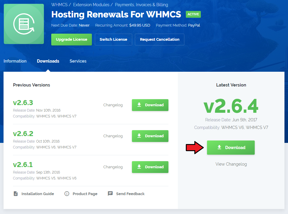 Hosting Renewals 2.X For WHMCS: client area module page with the Downloads tab and Download button