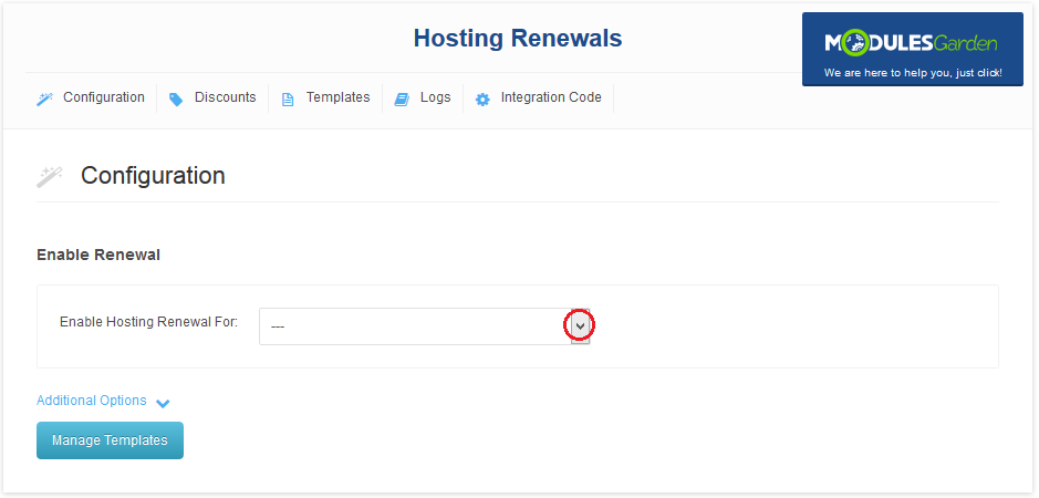 Hosting Renewals 2.X For WHMCS: Configuration tab with the product dropdown arrow circled in red