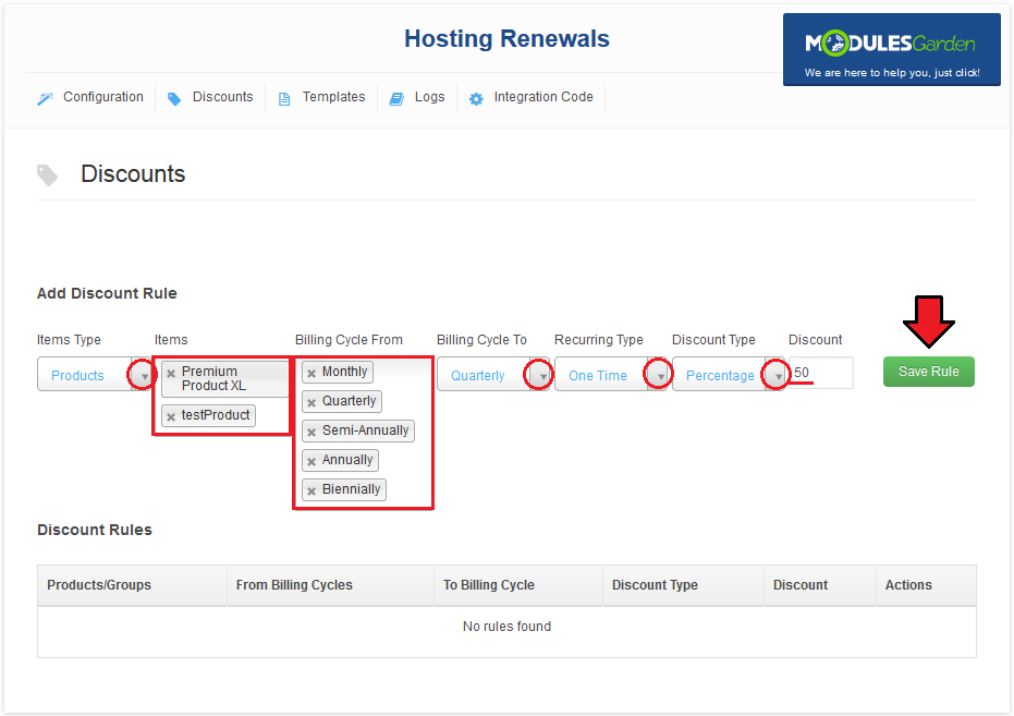Hosting Renewals 2.X For WHMCS: Discounts tab with the Add Discount Rule form and the Save Rule button