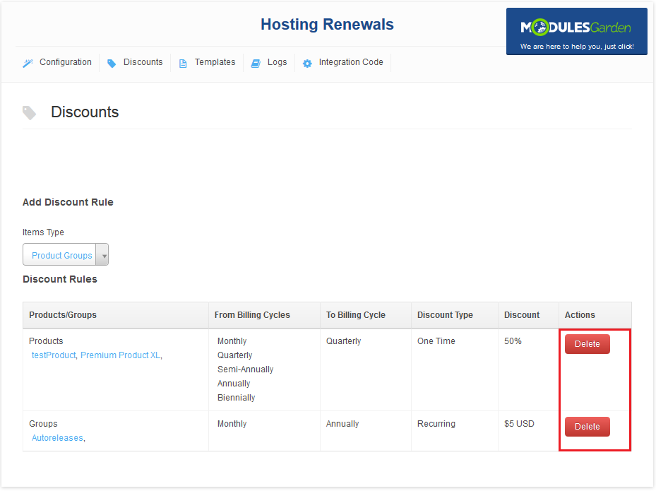 Hosting Renewals 2.X For WHMCS: Discounts tab listing saved discount rules with a Delete button for each