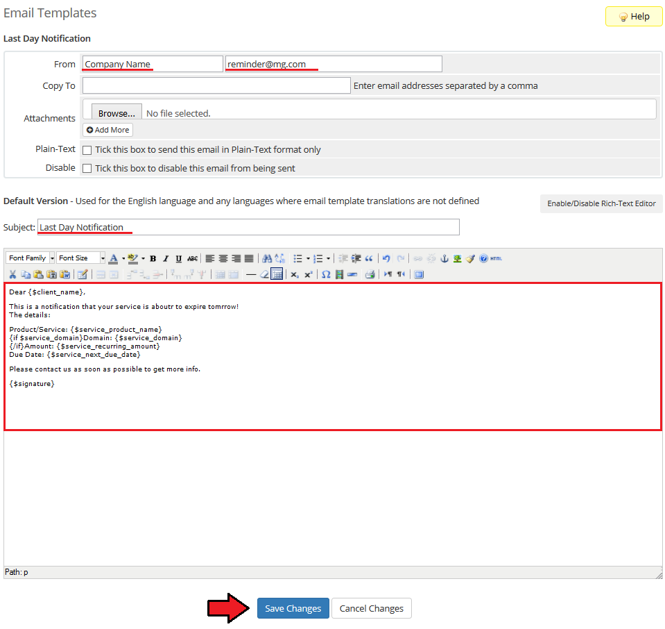 Hosting Renewals 2.X For WHMCS: WHMCS email template editor with sender, subject, message body and Save Changes