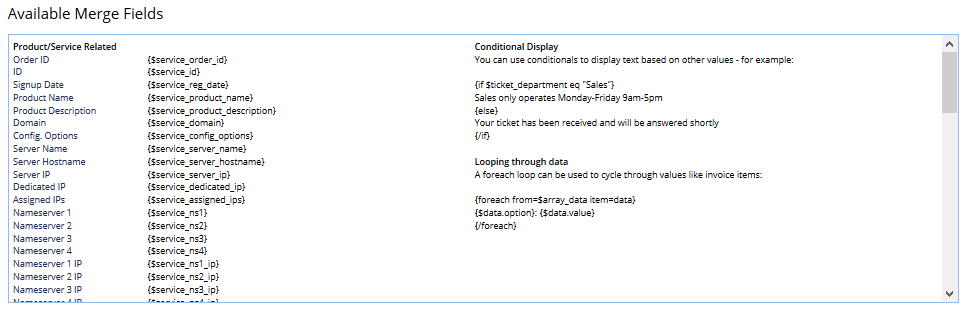 Hosting Renewals 2.X For WHMCS: WHMCS Available Merge Fields list with product and service related fields