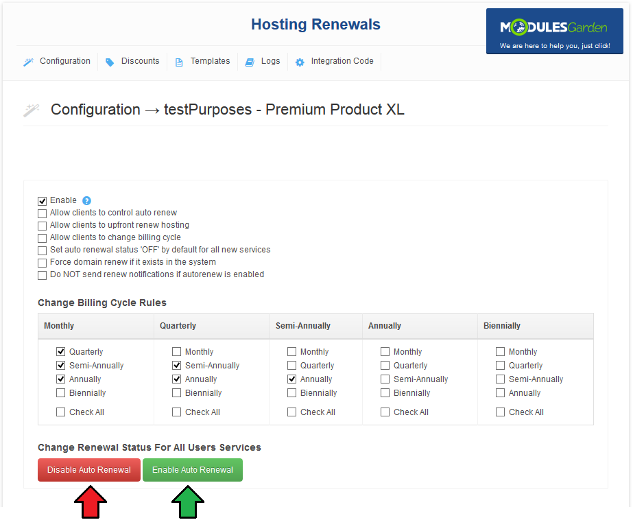Hosting Renewals 2.X For WHMCS: Disable Auto Renewal and Enable Auto Renewal buttons for all services