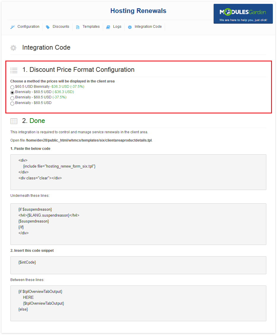 Hosting Renewals 2.X For WHMCS: Integration Code tab with Discount Price Format Configuration options
