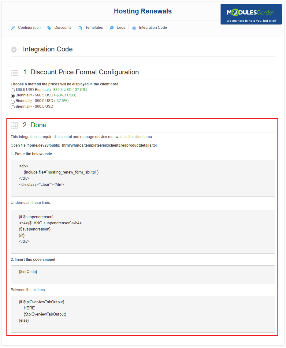 Hosting Renewals 2.X For WHMCS: Integration Code tab with template code snippets to paste into the .tpl file