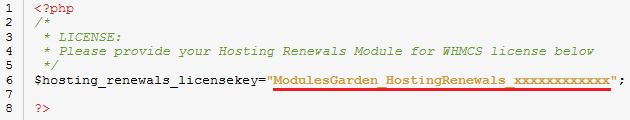 Hosting Renewals 2.X For WHMCS: license.php file in an editor with the license key in quotation marks