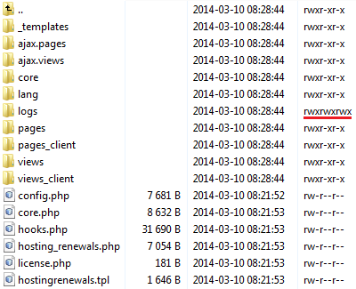 Hosting Renewals 2.X For WHMCS: FTP client with the logs folder permissions set to rwxrwxrwx