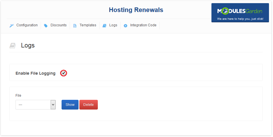 Hosting Renewals 2.X For WHMCS: Logs tab with the Enable File Logging checkbox ticked and the File dropdown
