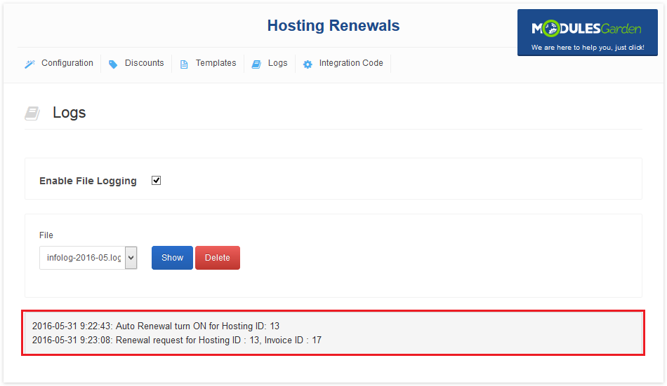 Hosting Renewals 2.X For WHMCS: Logs tab showing an info log with auto renewal and renewal request entries