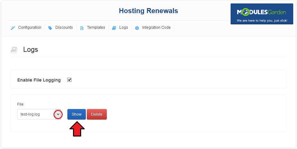 Hosting Renewals 2.X For WHMCS: Logs tab with a log file selected in the File dropdown and the Show button