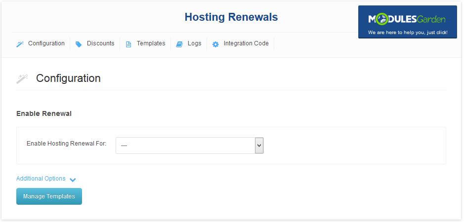 Hosting Renewals 2.X For WHMCS: installed module main page with Configuration, Discounts, Templates, Logs tabs