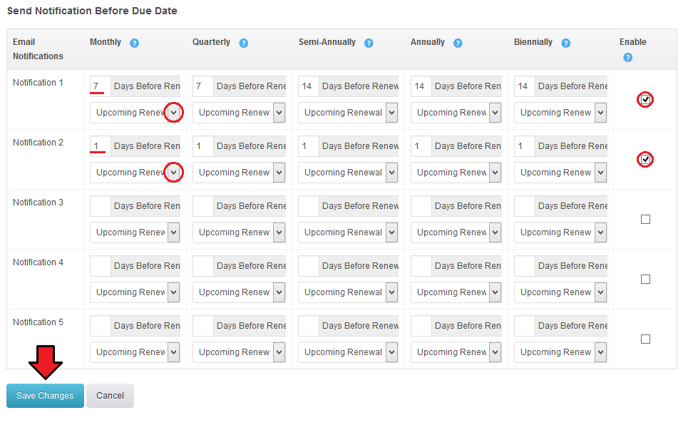 Hosting Renewals 2.X For WHMCS: Send Notification Before Due Date table with days, templates and Save Changes