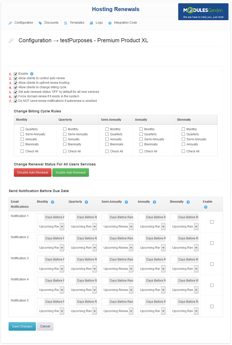 Hosting Renewals 2.X For WHMCS: product configuration with seven numbered renewal options and notifications