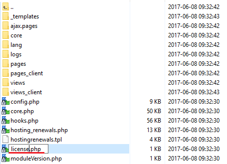 Hosting Renewals 2.X For WHMCS: file manager with the license file being renamed to license.php