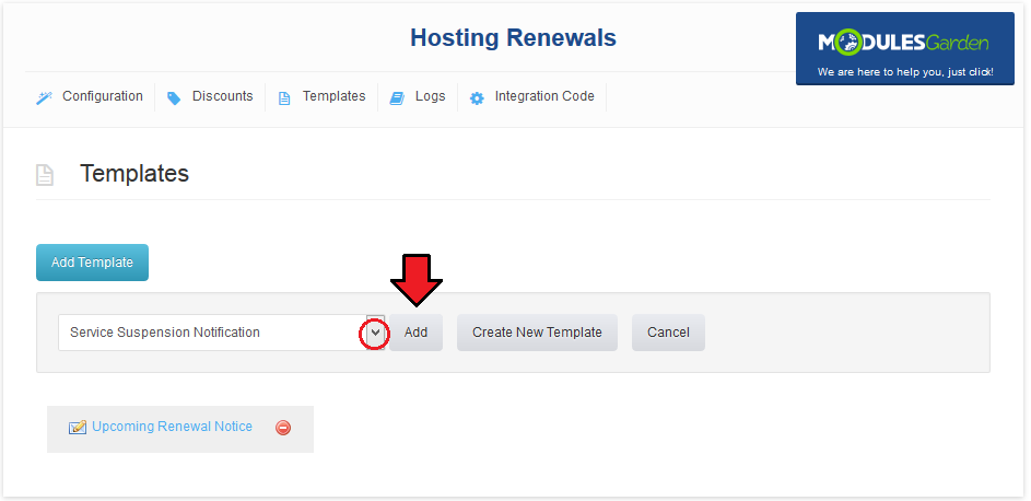 Hosting Renewals 2.X For WHMCS: Templates tab with the template dropdown, Add and Create New Template buttons