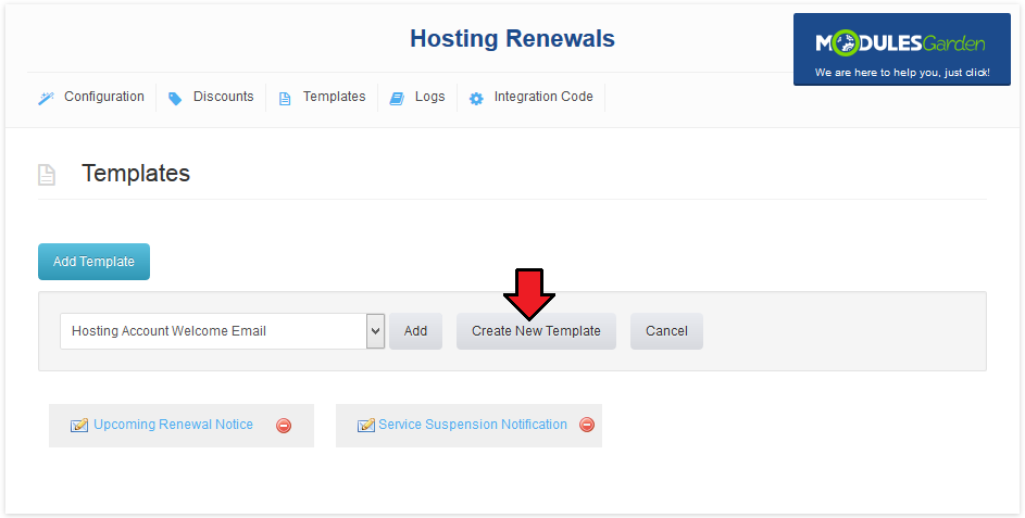 Hosting Renewals 2.X For WHMCS: Templates tab with the Create New Template button and two listed templates