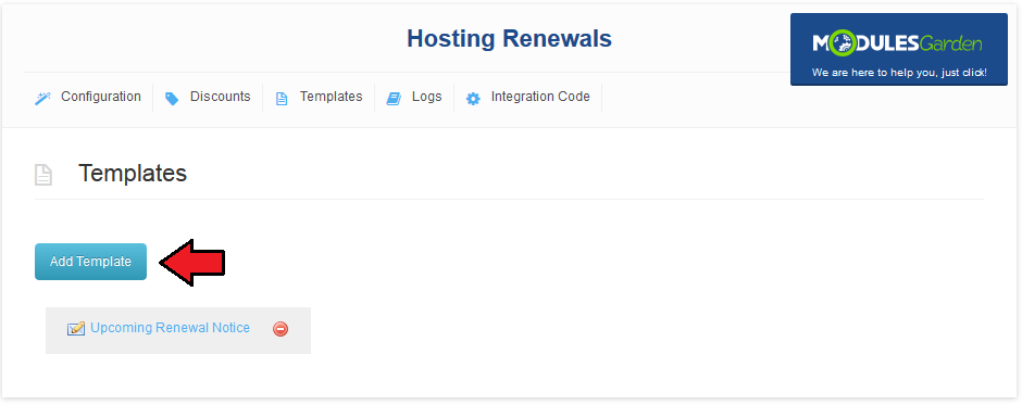 Hosting Renewals 2.X For WHMCS: Templates tab with the Add Template button and Upcoming Renewal Notice