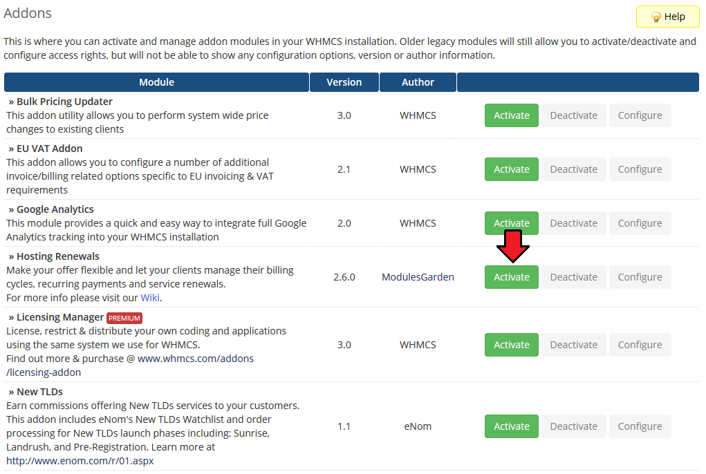 Hosting Renewals 2.X For WHMCS: WHMCS Addon Modules list with the Activate button for Hosting Renewals