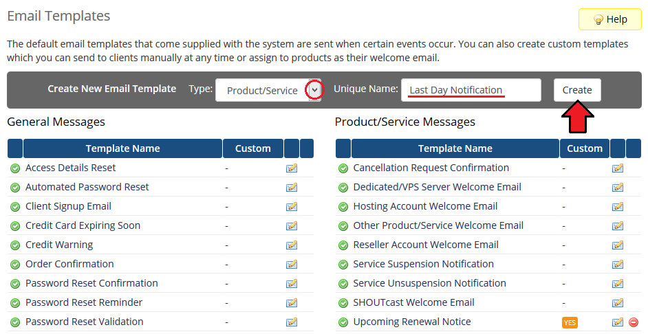 Hosting Renewals 2.X For WHMCS: WHMCS Email Templates page creating a Product/Service template Last Day Notification