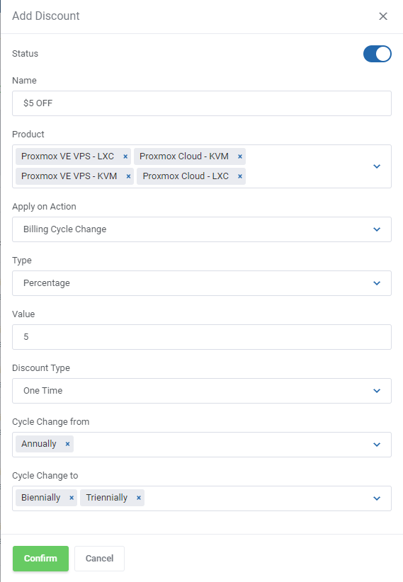 Hosting Renewals For WHMCS: Add Discount form with products, billing cycle change action, value and cycle options