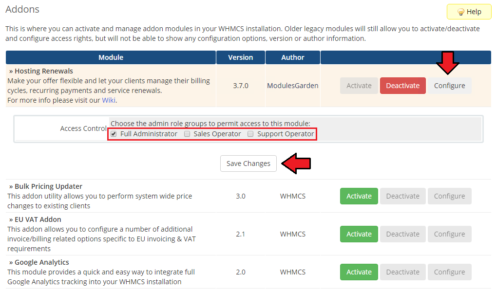 Hosting Renewals For WHMCS: Configure option with Full Administrator access ticked and the Save Changes button