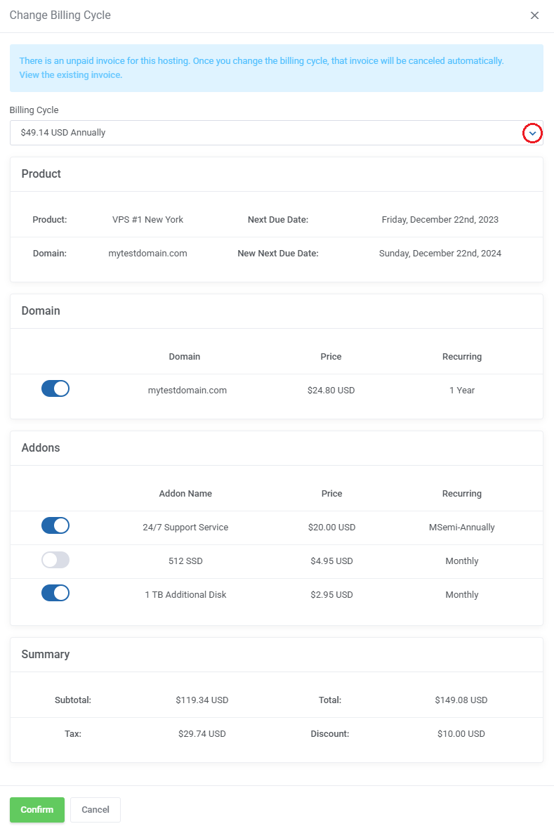 Hosting Renewals For WHMCS: Change Billing Cycle dialog with the billing cycle list, product, domain, addons and summary