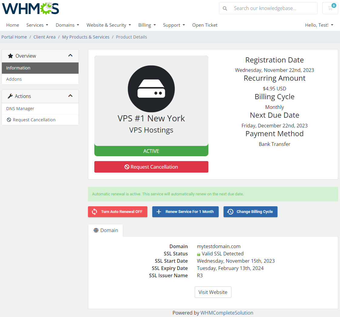 Hosting Renewals For WHMCS: client area product page with automatic renewal active and Turn Auto Renewal OFF