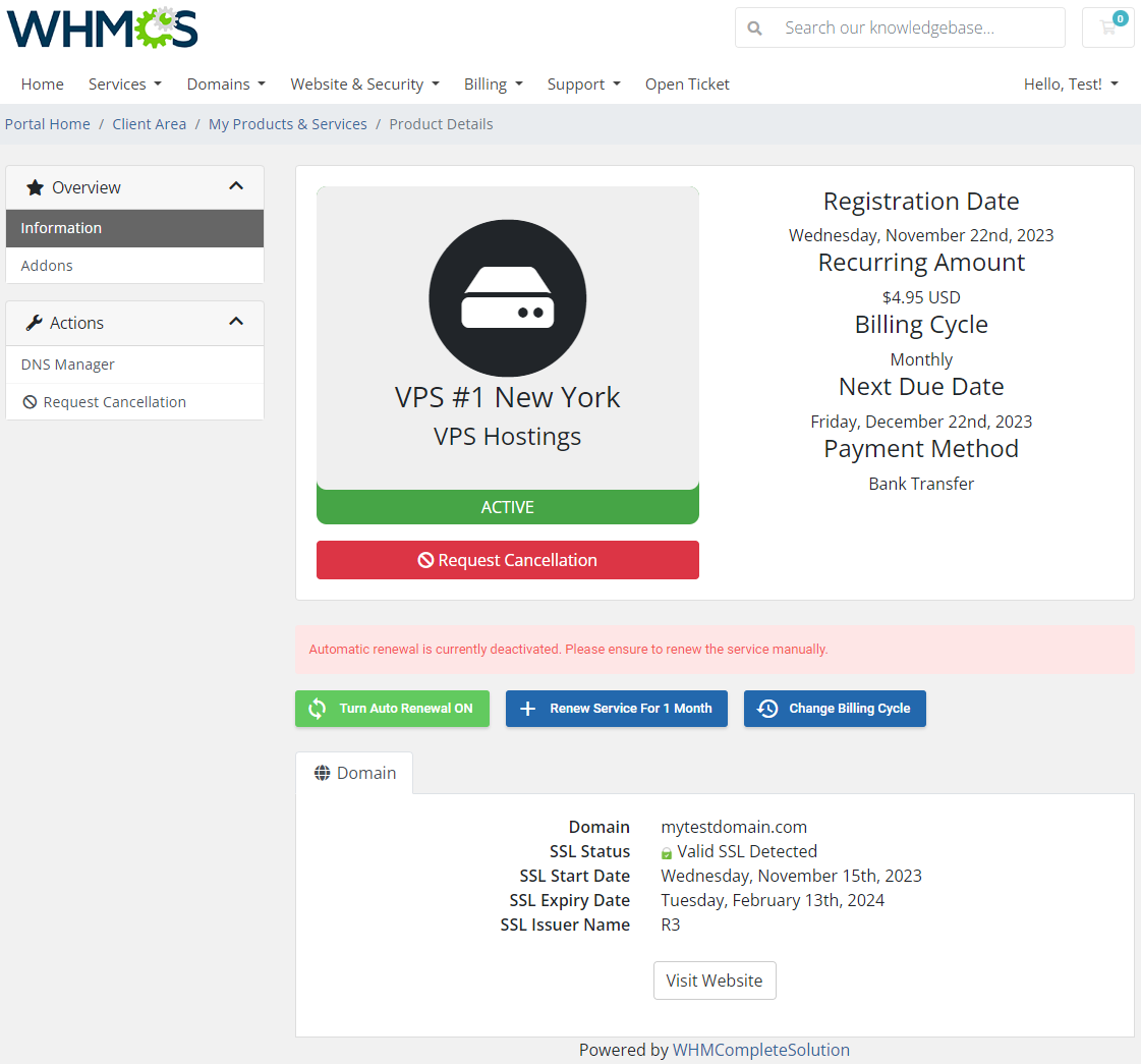 Hosting Renewals For WHMCS: client area product page with automatic renewal deactivated and Turn Auto Renewal ON