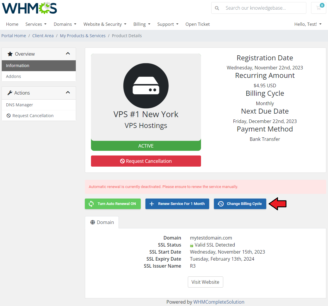 Hosting Renewals For WHMCS: client area service page with an arrow on the Change Billing Cycle button