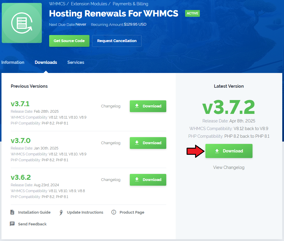 Hosting Renewals For WHMCS: client area download page with the Download button for the latest module version